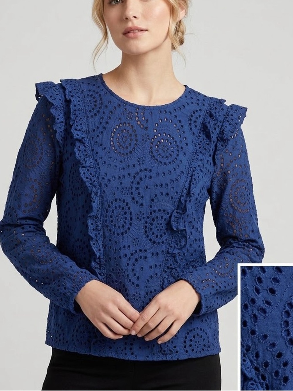 New Inc Ruffled Eyelet Blouse Top Large Navy Blue Cottage-Core Nwt